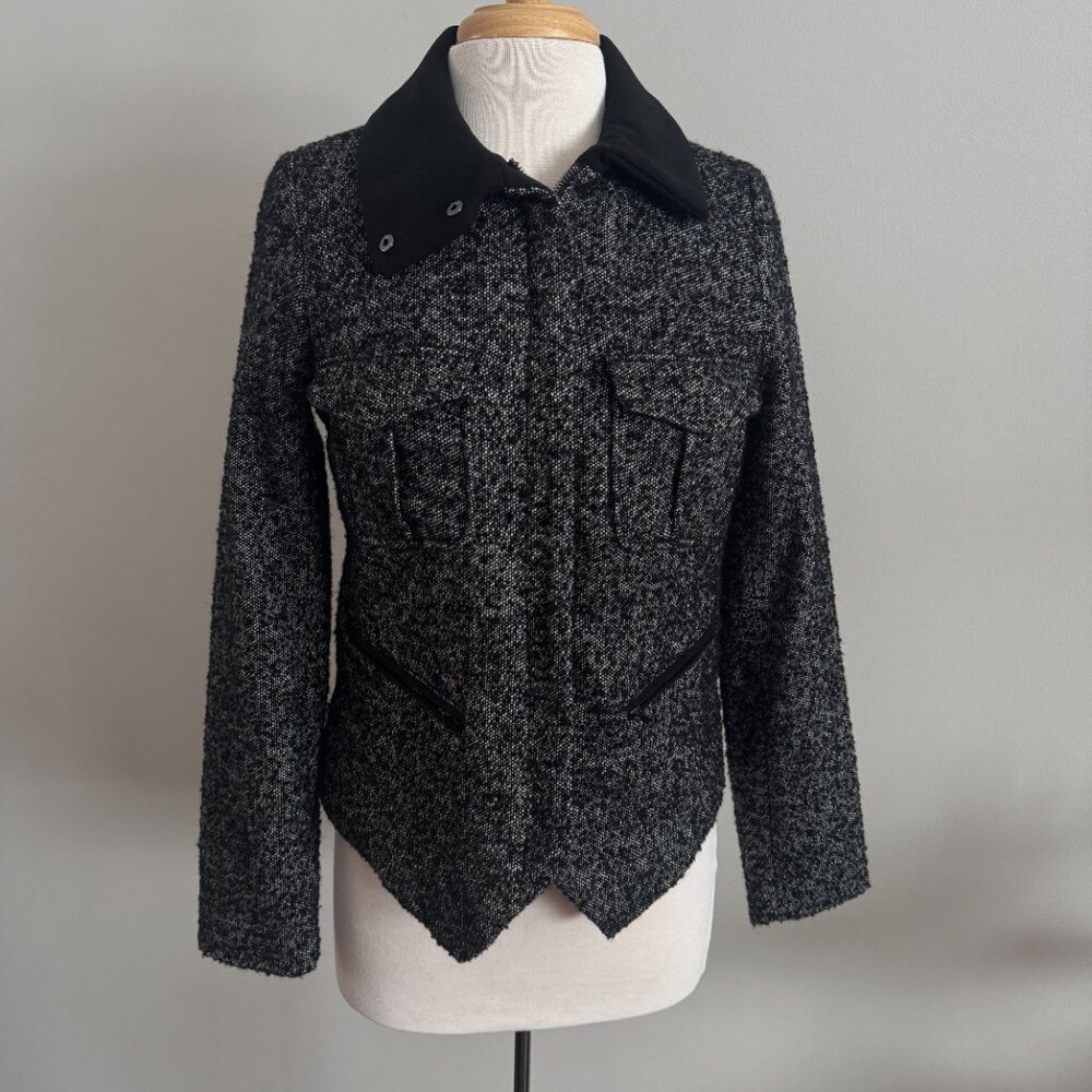 NWT Tweed Wool Blend Boucle Structured Black & White Moto Jacket With Pockets